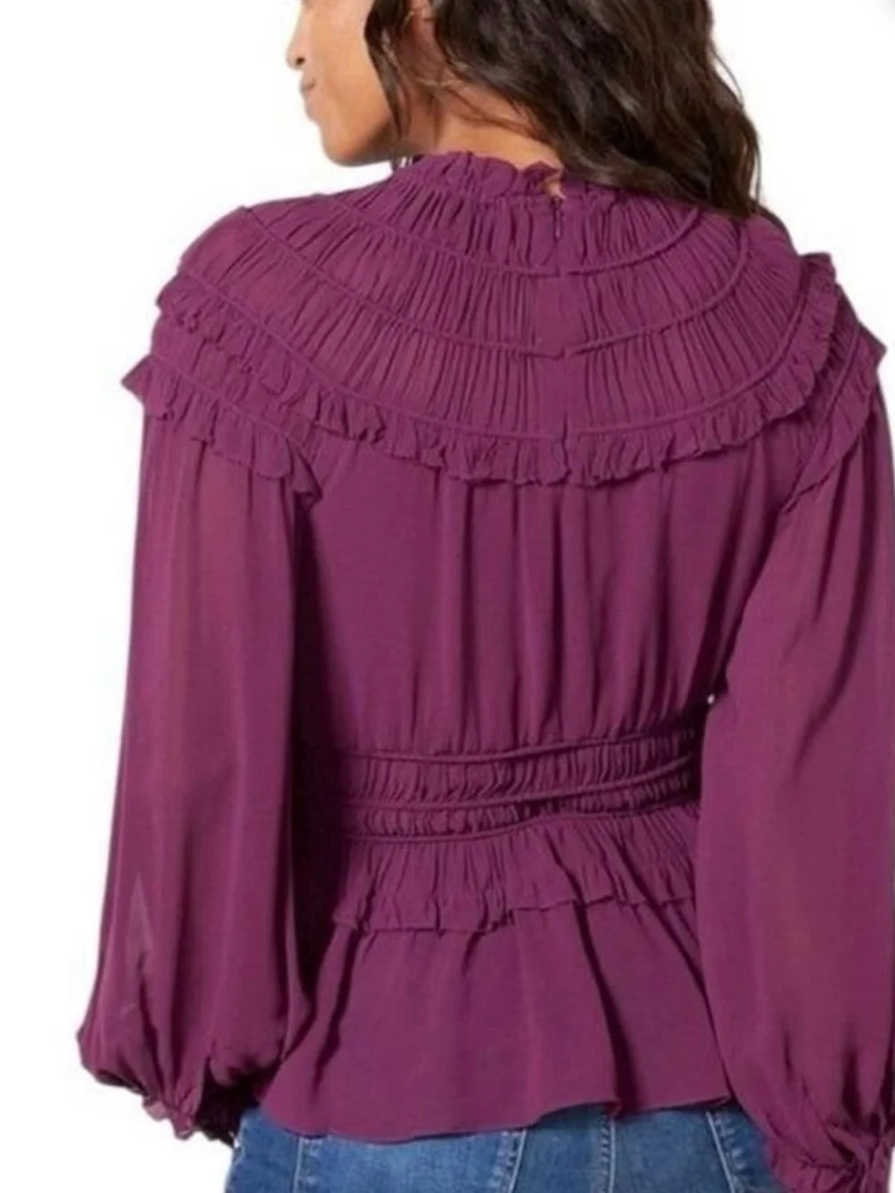 FARM Rio Plum Purple Ruffled Smocked Peasant Blouse